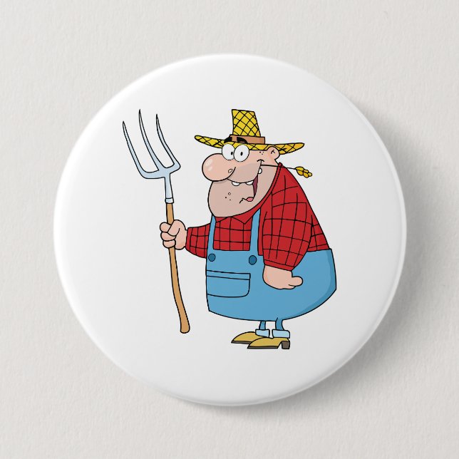 Funny Farmer Pitchfork Overalls and Straw Hat 3 Inch Round Button (Front)
