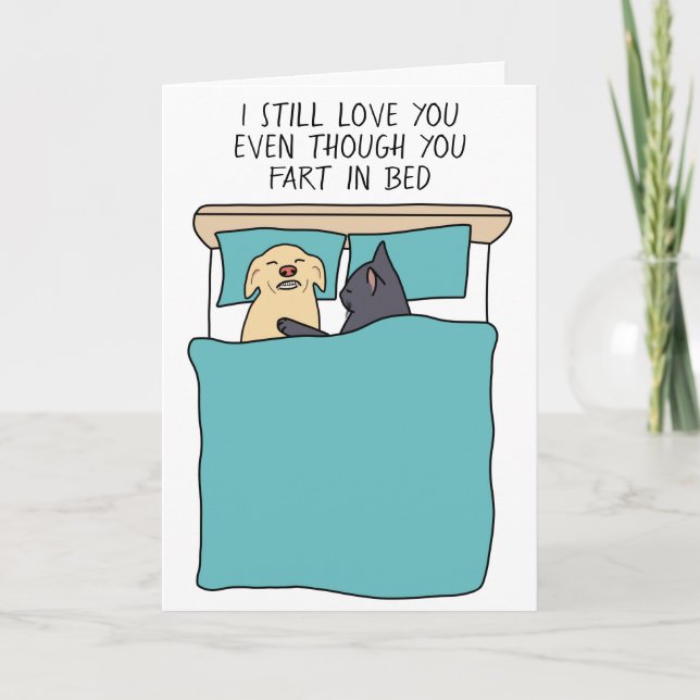 Funny fart in bed cat dog Valentine’s Day card (Front)