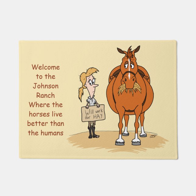 Funny Fat Cartoon Horse Woman Will Work For Hay Doormat (Front)