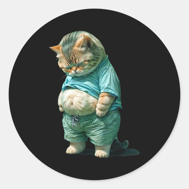 Funny Fat Cat Ia Art Design Print  Classic Round Sticker (Front)