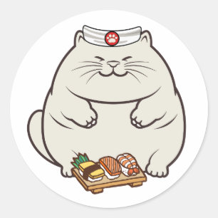 Funny fat cat is a sushi chef classic round sticker