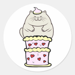 Funny fat cat jumping out of a cake classic round sticker