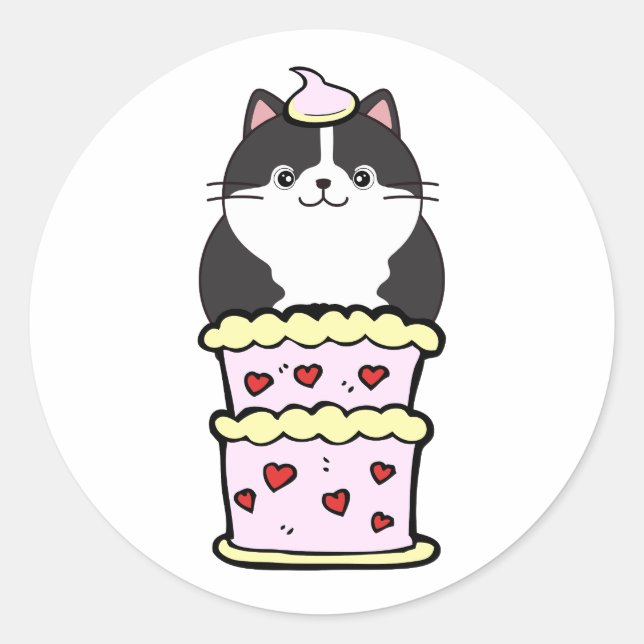 Funny fat cat jumping out of a cake classic round sticker (Front)