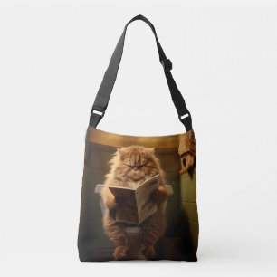 Funny Fat Cat Reading Newspaper on Toilet Crossbody Bag