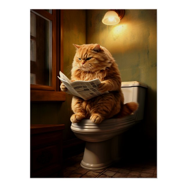 Funny Fat Cat Reading Newspaper on Toilet Poster (Front)