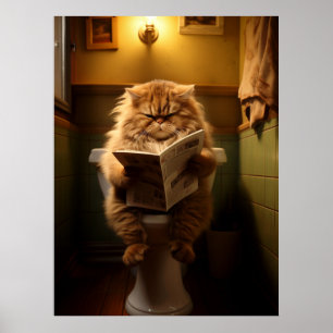 Funny Fat Cat Reading Newspaper on Toilet Poster
