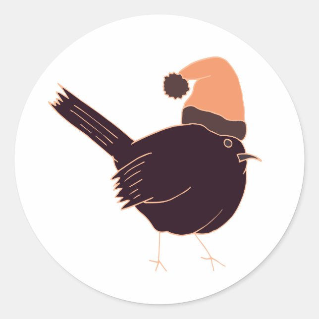 Funny fat Christmas bird with hat on Classic Round Sticker (Front)