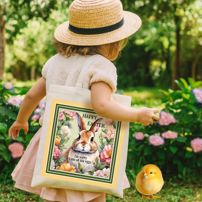 Funny Fat Easter Bunny Egg Hunt  Tote Bag (A funny tote bag featuring a fat bunny embraced by flowers. Beautiful for an Easter egg hunt.)