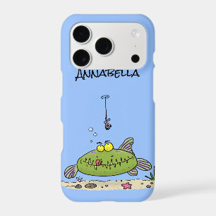 Funny fat hungry green fish fishing cartoon