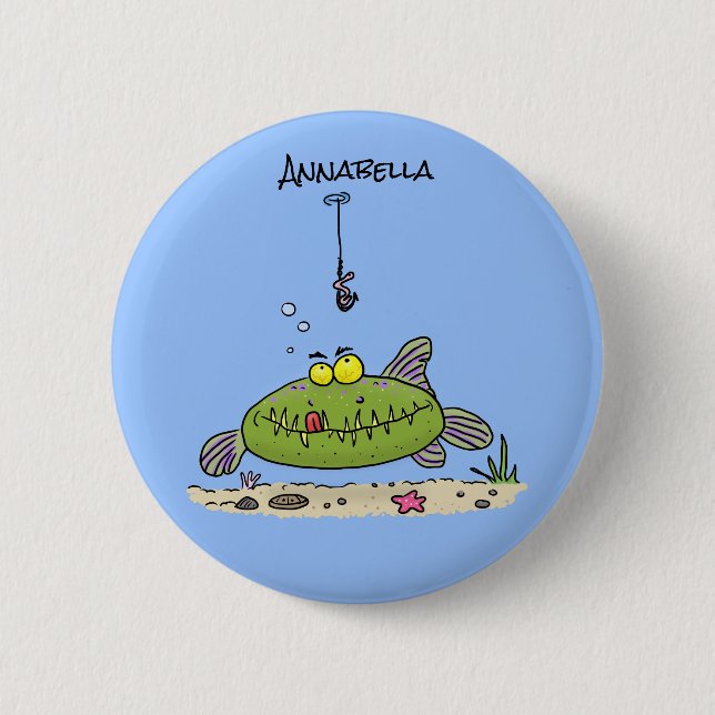 Funny fat hungry green fish fishing cartoon 2 inch round button (Front)