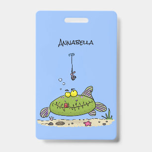 Funny fat hungry green fish fishing cartoon badge
