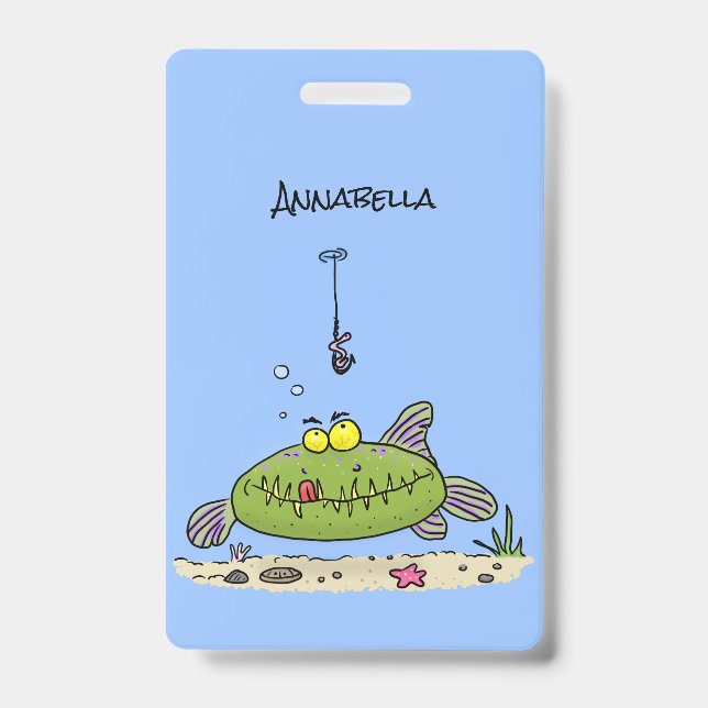 Funny fat hungry green fish fishing cartoon badge (Front)