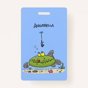Funny fat hungry green fish fishing cartoon badge