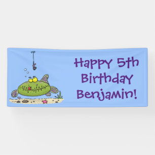 Funny fat hungry green fish fishing cartoon banner