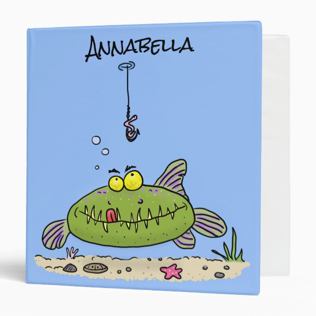 Funny fat hungry green fish fishing cartoon binder (Front/Inside)