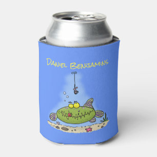 Funny fat hungry green fish fishing cartoon can cooler