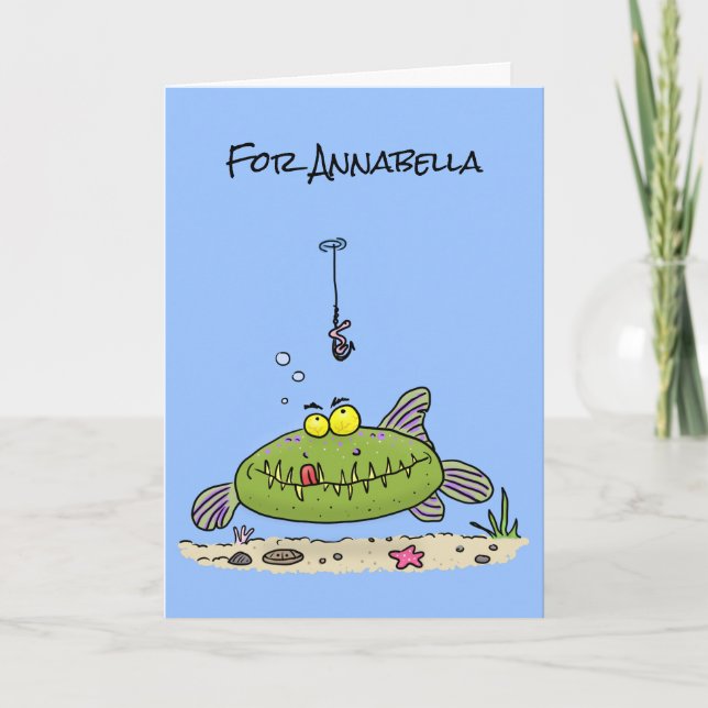 Funny fat hungry green fish fishing cartoon card (Front)