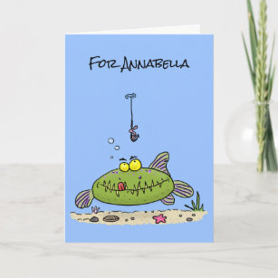Funny fat hungry green fish fishing cartoon card