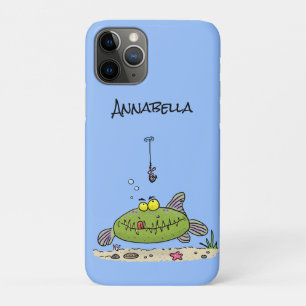 Funny fat hungry green fish fishing cartoon iPhone 11 pro case