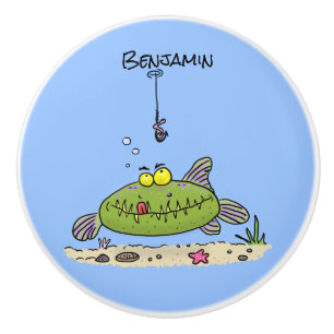 Funny fat hungry green fish fishing cartoon ceramic knob