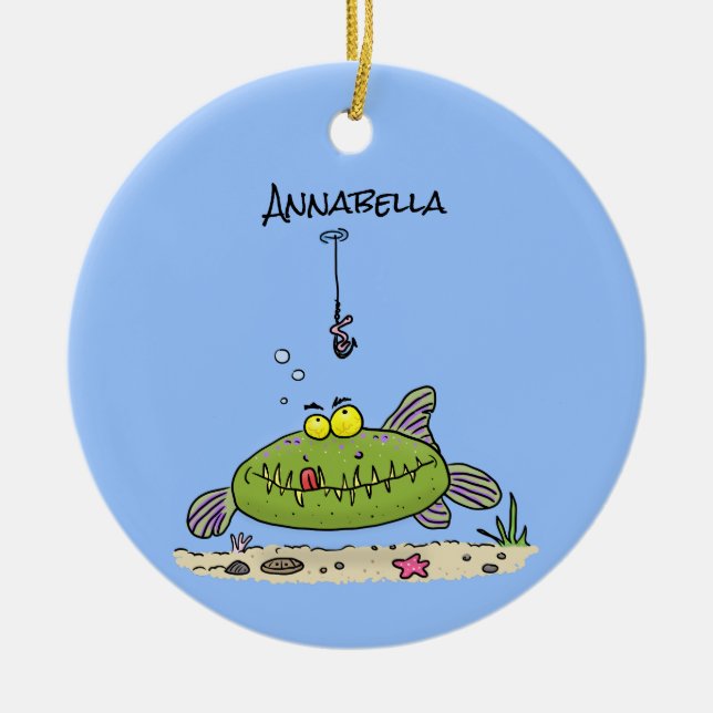 Funny fat hungry green fish fishing cartoon ceramic ornament (Front)