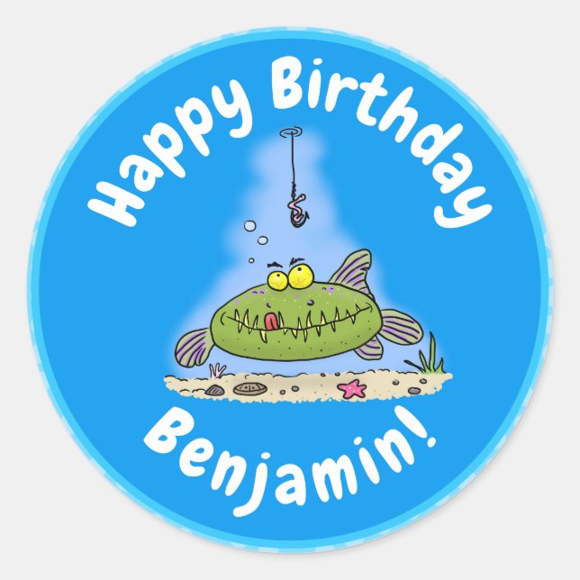 Funny fat hungry green fish fishing cartoon classic round sticker (Front)