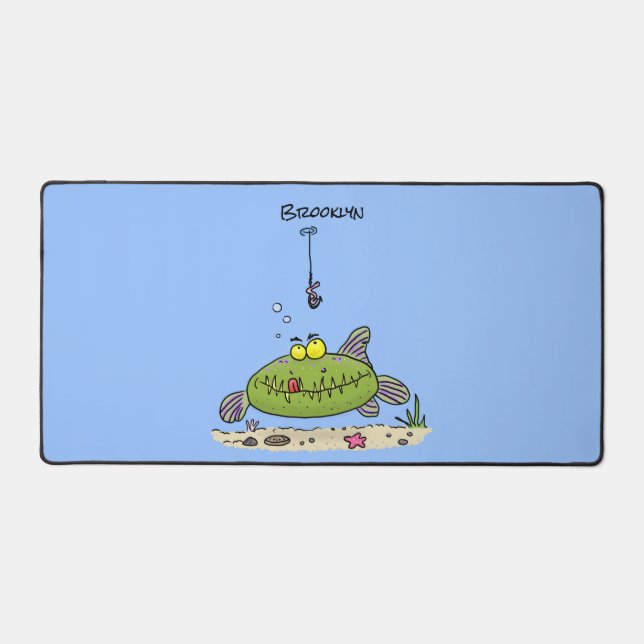 Funny fat hungry green fish fishing cartoon desk mat (Front)