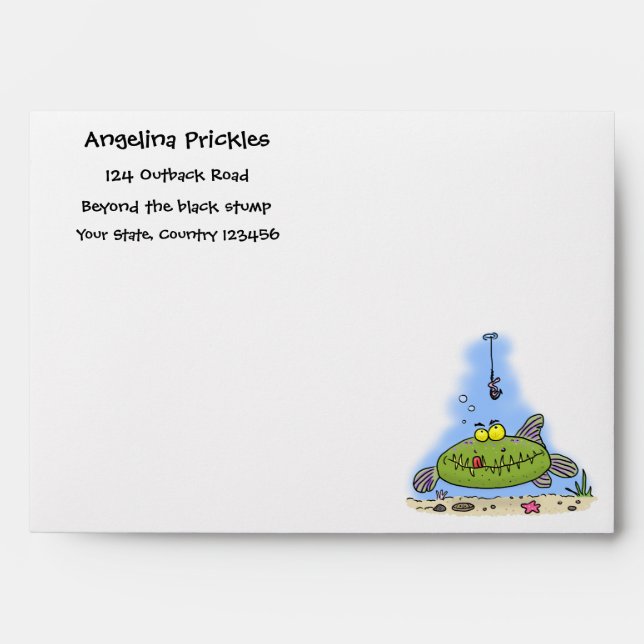 Funny fat hungry green fish fishing cartoon envelope (Front)