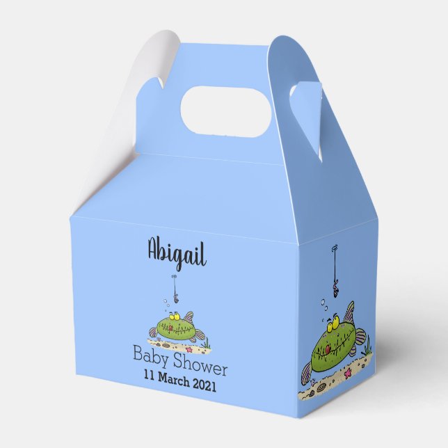 Funny fat hungry green fish fishing cartoon favor box (Front Side)