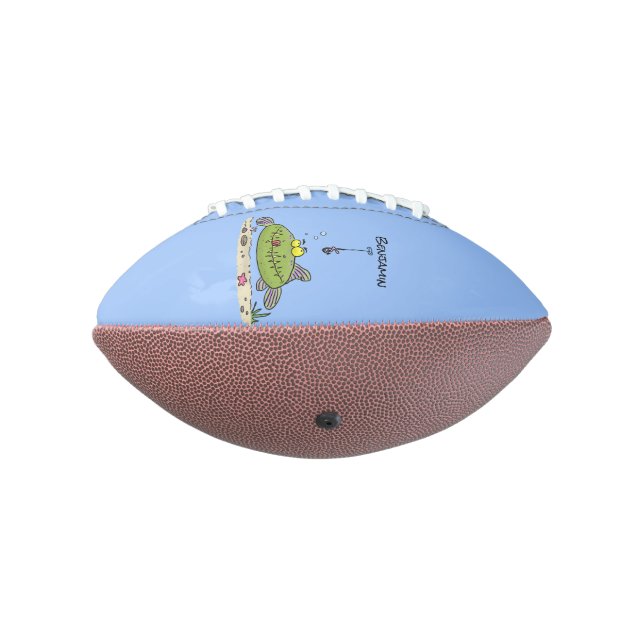Funny fat hungry green fish fishing cartoon football (Rotated 270)