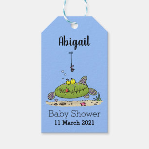 Funny fat hungry green fish fishing cartoon  gift tags
