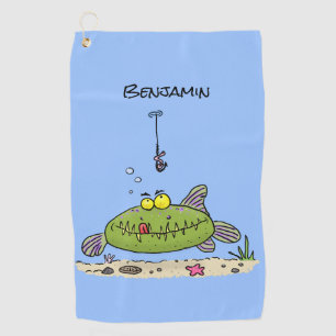 Funny fat hungry green fish fishing cartoon  golf towel