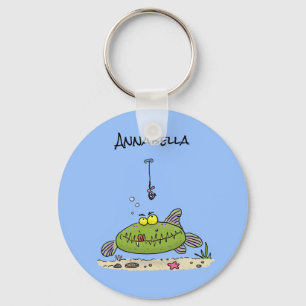 Funny fat hungry green fish fishing cartoon keychain
