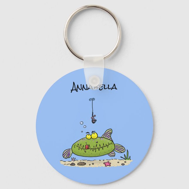 Funny fat hungry green fish fishing cartoon keychain (Front)