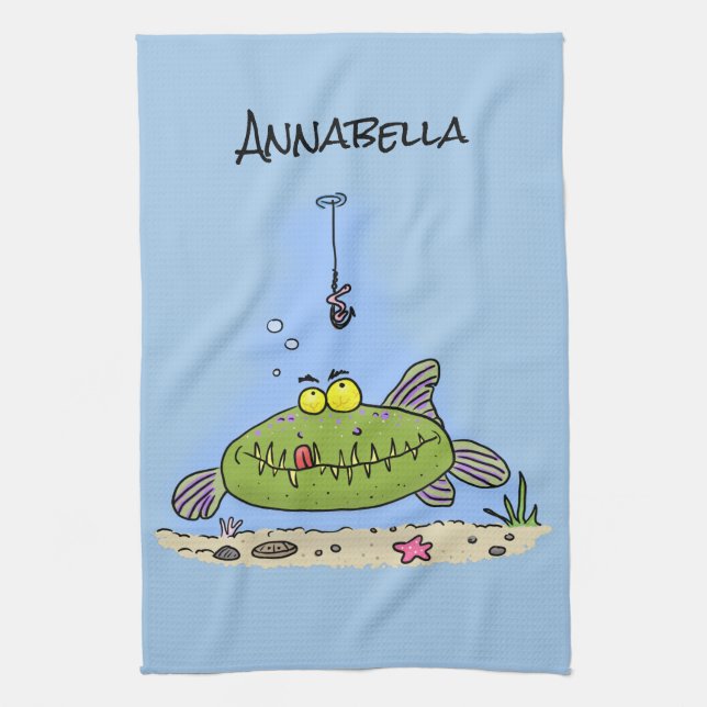 Funny fat hungry green fish fishing cartoon kitchen towel (Vertical)