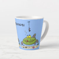 Funny fat hungry green fish fishing cartoon
