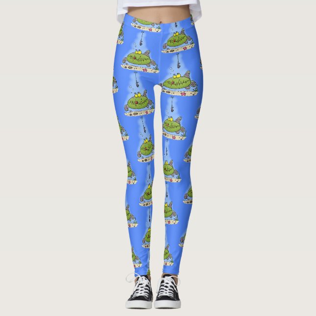Funny fat hungry green fish fishing cartoon leggings (Front)