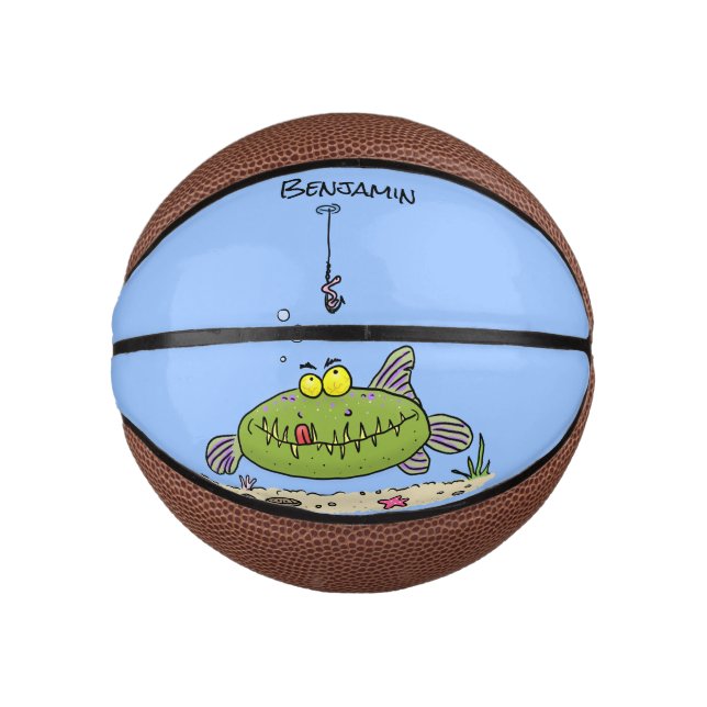Funny fat hungry green fish fishing cartoon mini basketball (Front)