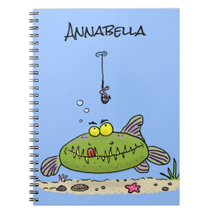 Funny fat hungry green fish fishing cartoon notebook