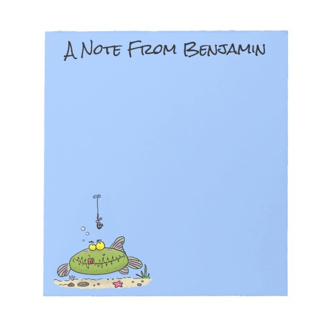 Funny fat hungry green fish fishing cartoon notepad (Front)