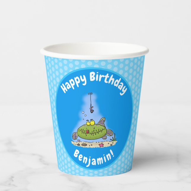 Funny fat hungry green fish fishing cartoon paper cups (Front)