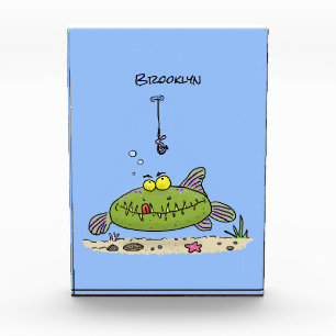 Funny fat hungry green fish fishing cartoon photo block