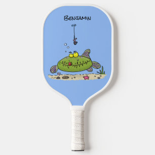 Funny fat hungry green fish fishing cartoon  pickleball paddle