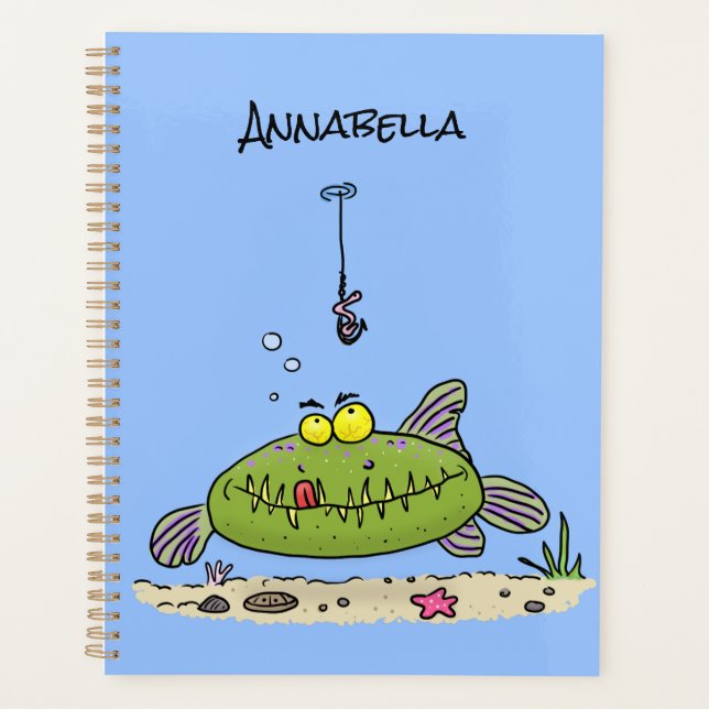 Funny fat hungry green fish fishing cartoon planner (Front)