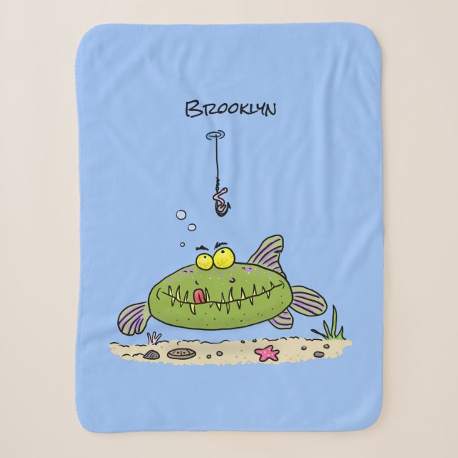 Funny fat hungry green fish fishing cartoon  sherpa blanket (Front)