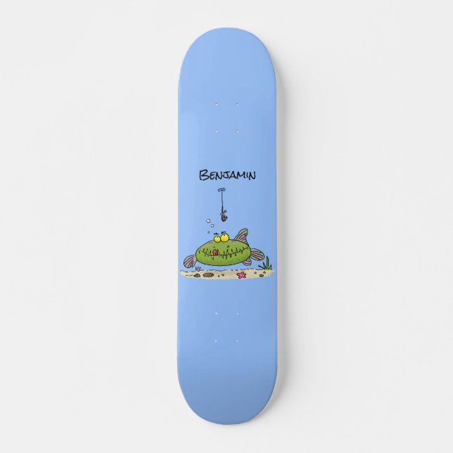 Funny fat hungry green fish fishing cartoon skateboard (Front)