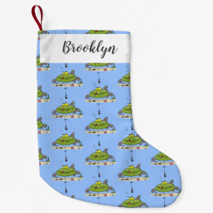 Funny fat hungry green fish fishing cartoon small christmas stocking