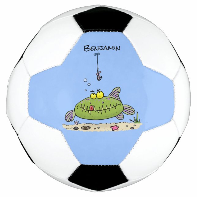 Funny fat hungry green fish fishing cartoon soccer ball (Front)