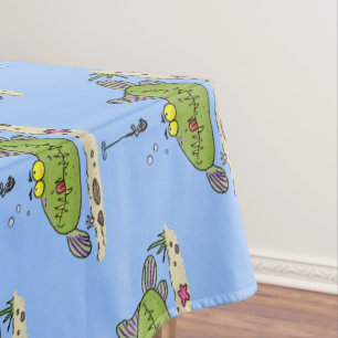 Funny fat hungry green fish fishing cartoon tablecloth