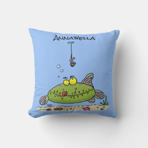 Funny fat hungry green fish fishing cartoon throw pillow